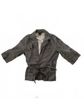 JKLA California Gray Plaid Button-Up Jacket Top with Tie Waist Size Large